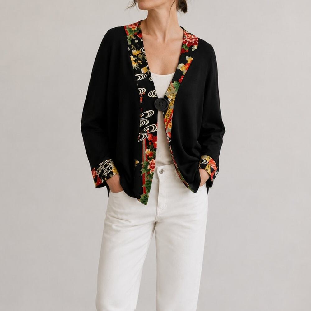 Soft Surroundings Black Floral Art-to-Wear Cardigan Jacket Kimono– Size Large